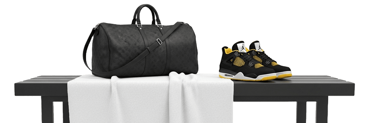 Locker room bench with bag and sneakers